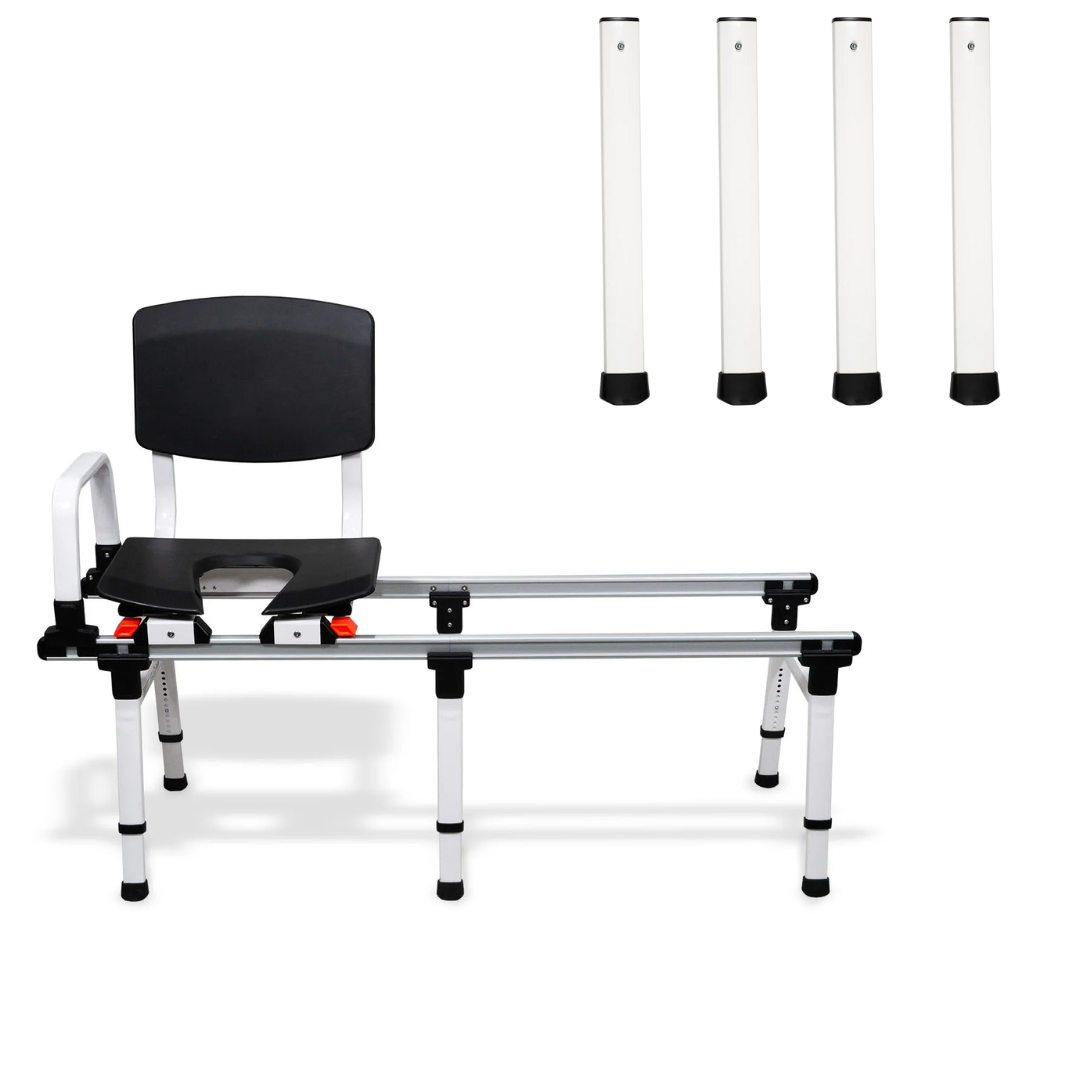 The ShowerGlyde SG2 Sliding Transfer Bench for Tub & Toilet Transfers features a height-adjustable seat, backrest, armrest, and four detachable extension legs—shown separately on a white background and ideal for toilet-adjacent bathtubs.